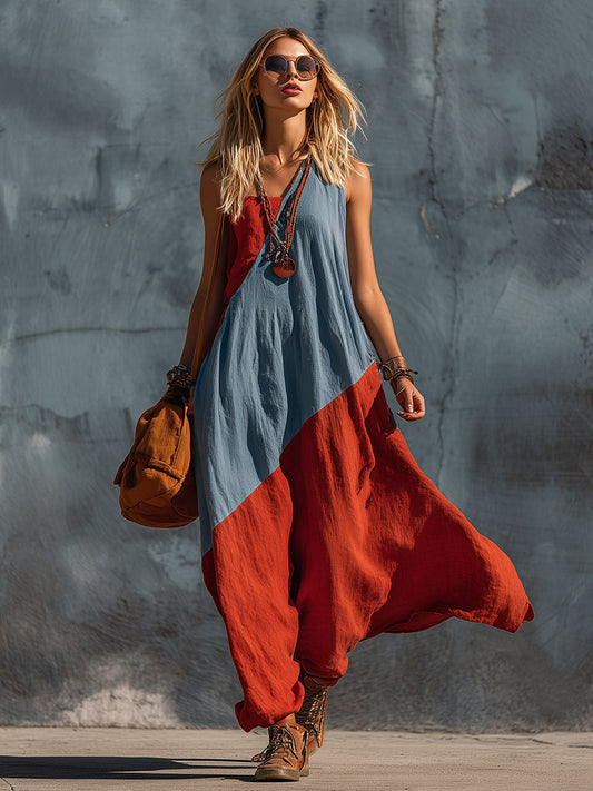 Retro Bohemian Blue & Red One-Shoulder Cotton-Linen Maxi Dress
