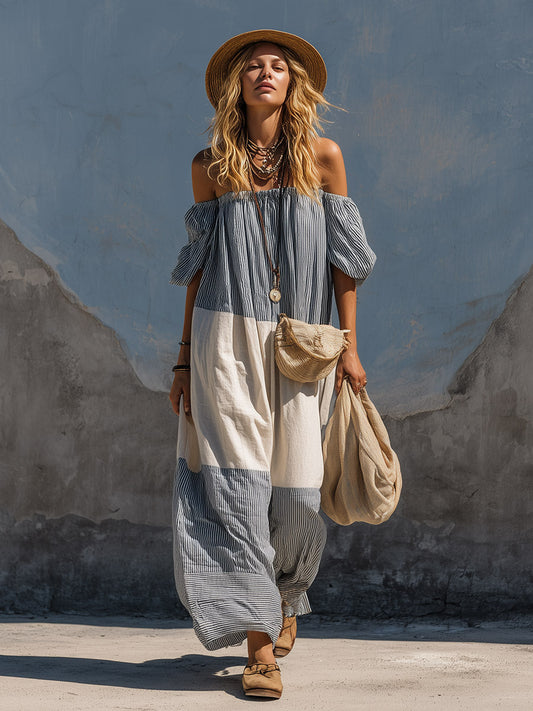 Retro-casual Blue and White Striped Off-the-Shoulder Maxi Dress