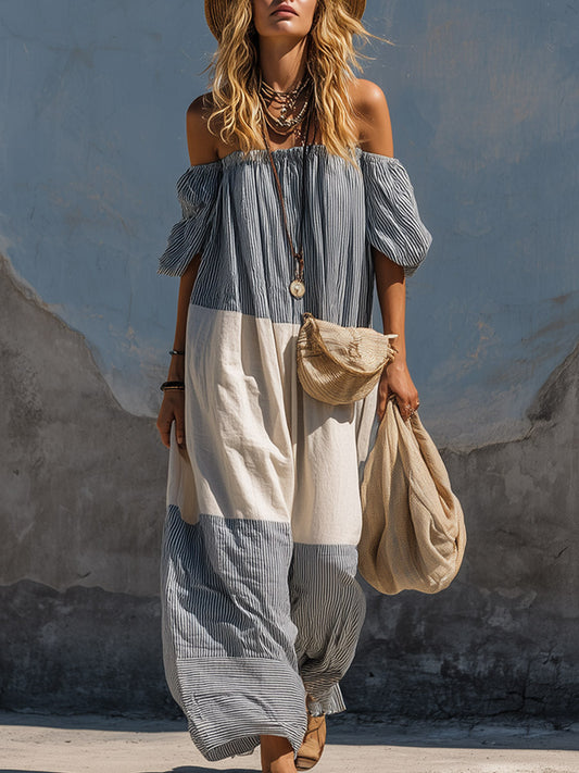 Retro-casual Blue and White Striped Off-the-Shoulder Maxi Dress