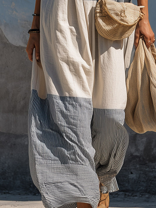 Retro-casual Blue and White Striped Off-the-Shoulder Maxi Dress