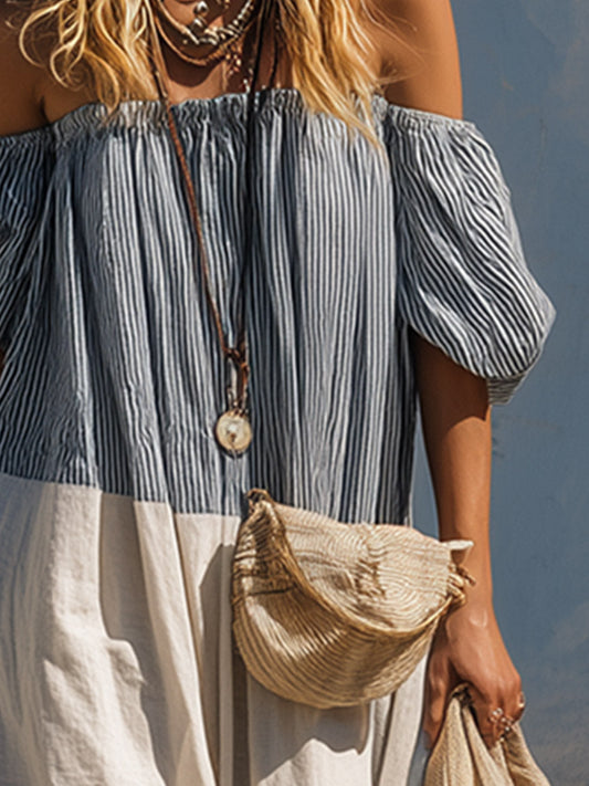 Retro-casual Blue and White Striped Off-the-Shoulder Maxi Dress