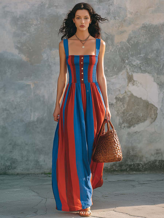 Mediterranean Stripe Smocked Cotton Linen Maxi Dress Blue Red