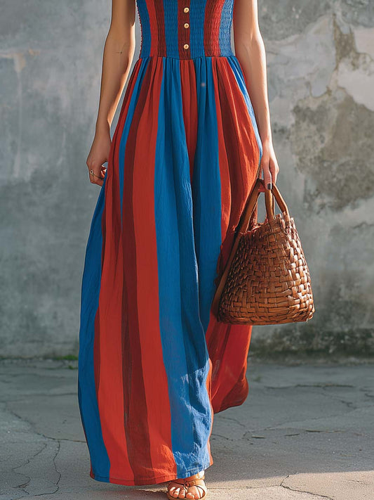Mediterranean Stripe Smocked Cotton Linen Maxi Dress Blue Red