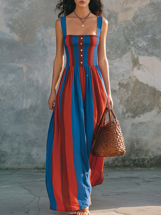 Mediterranean Stripe Smocked Cotton Linen Maxi Dress Blue Red