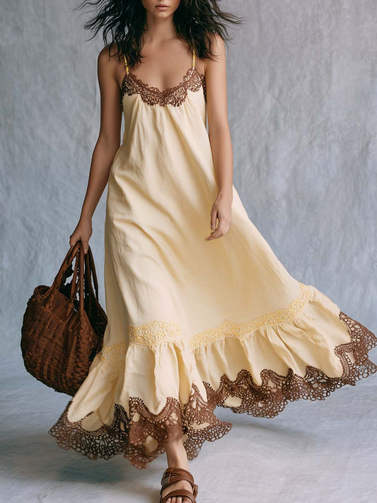Bohemian Lace Trim Spaghetti Strap Maxi Dress Cream-yellow
