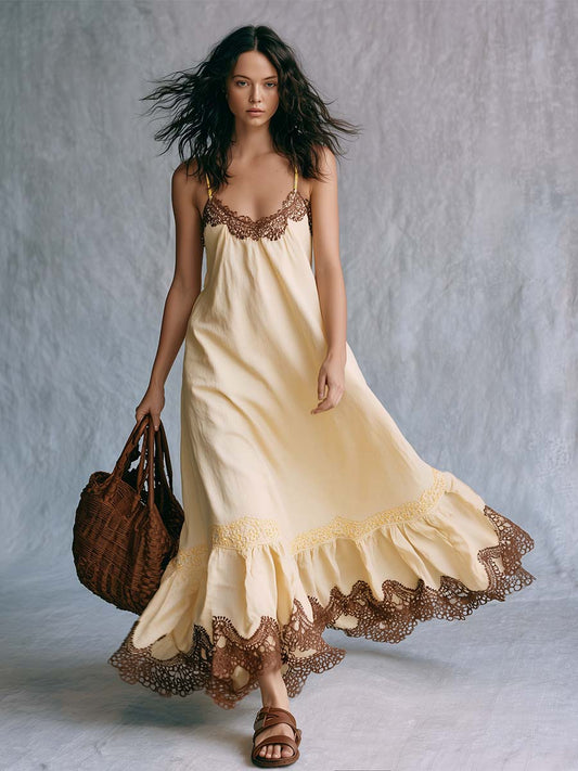 Bohemian Lace Trim Spaghetti Strap Maxi Dress Cream-yellow