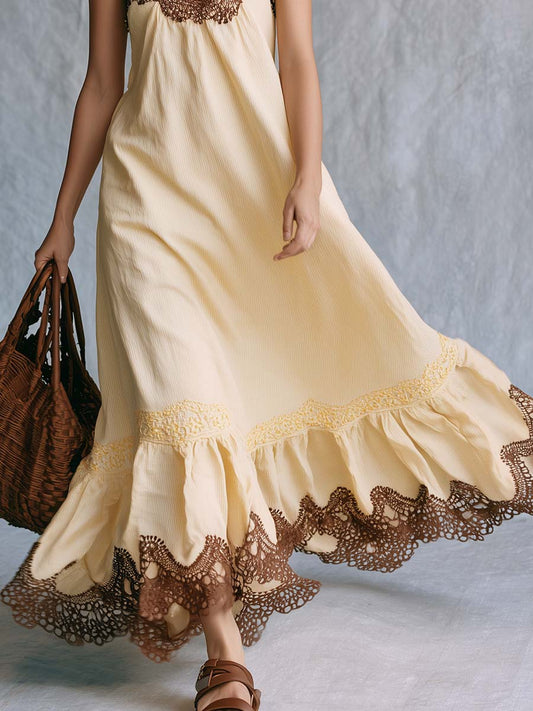 Bohemian Lace Trim Spaghetti Strap Maxi Dress Cream-yellow