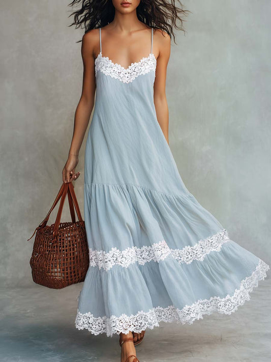 CSS Boho Lace Trim Cotton Linen Maxi Dress Light Blue