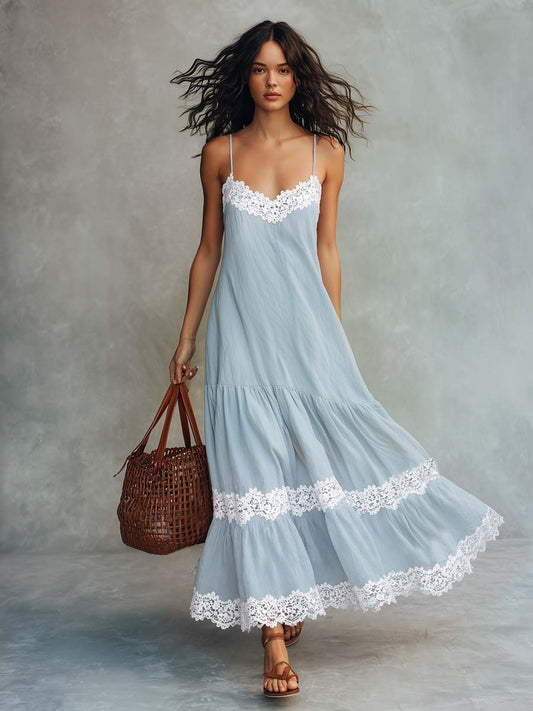 CSS Boho Lace Trim Cotton Linen Maxi Dress Light Blue