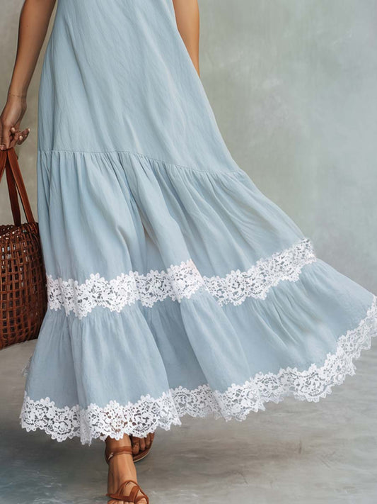 CSS Boho Lace Trim Cotton Linen Maxi Dress Light Blue