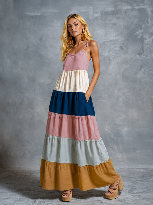 Vintage-style Multicolored Patchwork Cotton-linen Camisole Maxi Dress