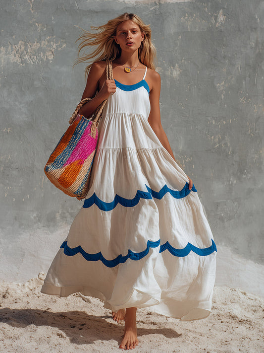Cotton Camisole Maxi Dress with Wavy Trim in Off-white