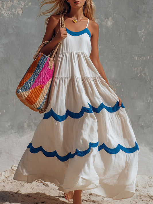 Cotton Camisole Maxi Dress with Wavy Trim in Off-white