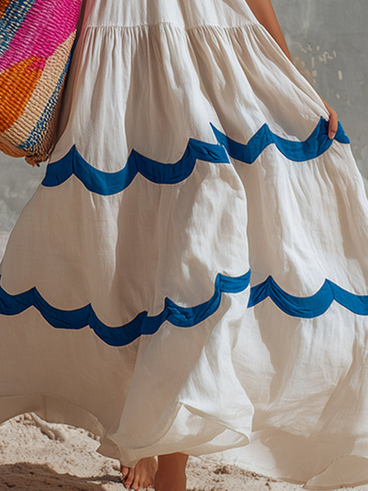 Cotton Camisole Maxi Dress with Wavy Trim in Off-white
