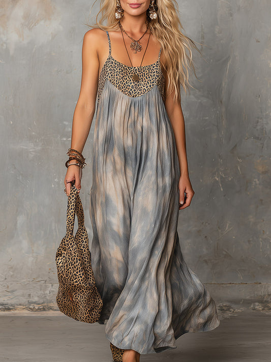 Vintage Bohemian Oil Painting Print Maxi Dress Dusty Blue Cotton-Linen
