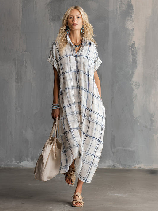 GY Cotton-Linen Plaid Print Short Sleeve Maxi Dress White