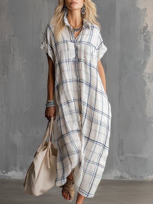 GY Cotton-Linen Plaid Print Short Sleeve Maxi Dress White