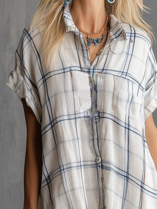 GY Cotton-Linen Plaid Print Short Sleeve Maxi Dress White
