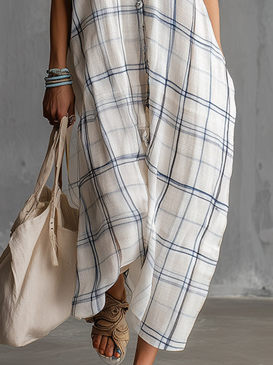 GY Cotton-Linen Plaid Print Short Sleeve Maxi Dress White
