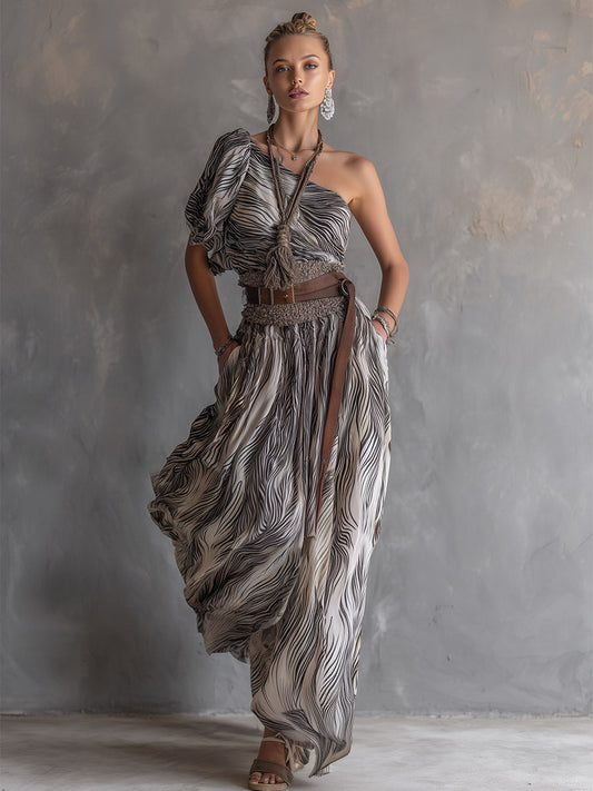GY Vintage Western One-shoulder Chiffon Maxi Dress White