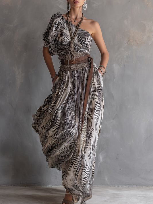 GY Vintage Western One-shoulder Chiffon Maxi Dress White