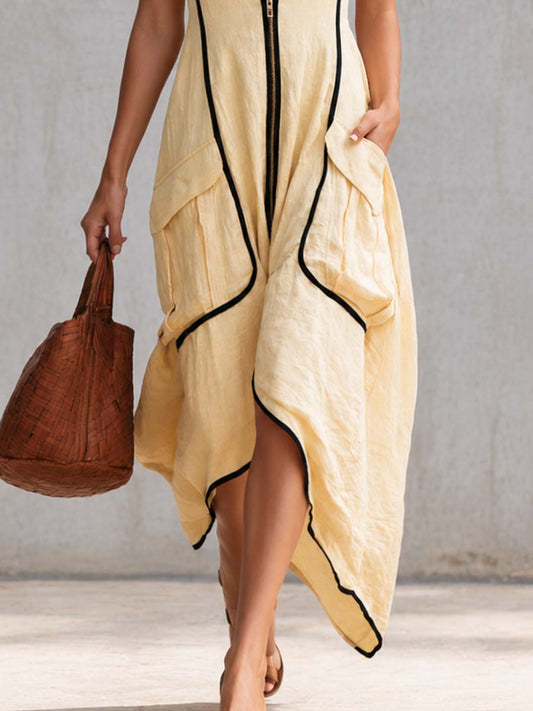 CSS V-Neck Cotton-Linen Maxi Dress Front-Zip Light Yellow