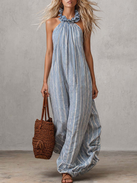 Retro Casual Halter Neck Maxi Dress Ruffle Detail Light Blue