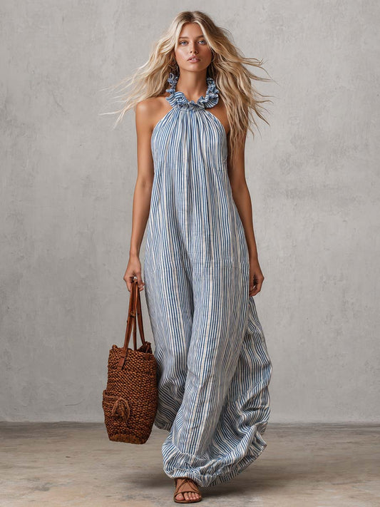 Retro Casual Halter Neck Maxi Dress Ruffle Detail Light Blue