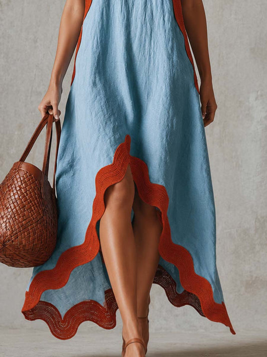 Light Blue Cotton-Linen V-Neck Maxi Dress With Wavy Trim