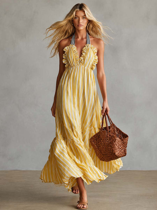 CSS Vintage-Style Halter-Neck Chiffon Maxi Dress Light Yellow