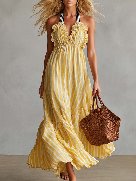 CSS Vintage-Style Halter-Neck Chiffon Maxi Dress Light Yellow