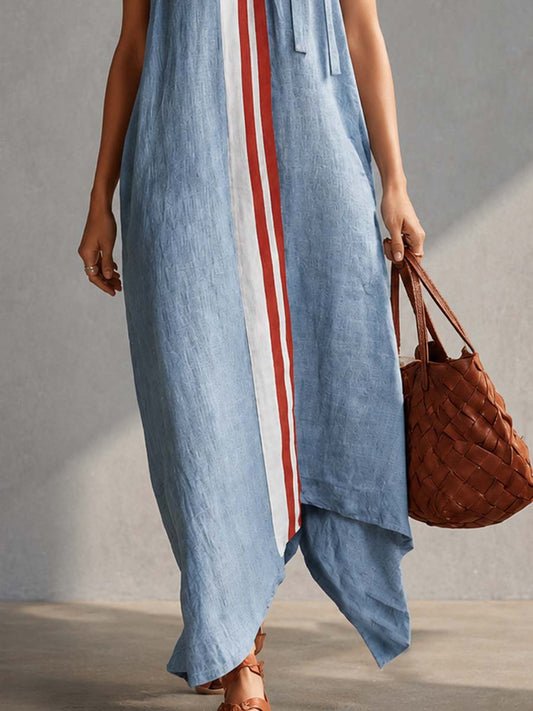CSS Cotton-Linen Maxi Dress Round Neck Tie Front Light Blue
