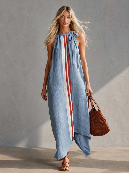 CSS Cotton-Linen Maxi Dress Round Neck Tie Front Light Blue
