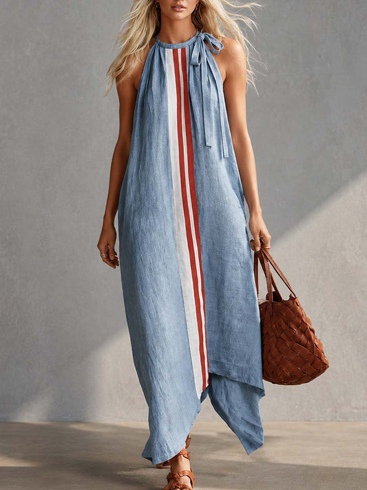 CSS Cotton-Linen Maxi Dress Round Neck Tie Front Light Blue