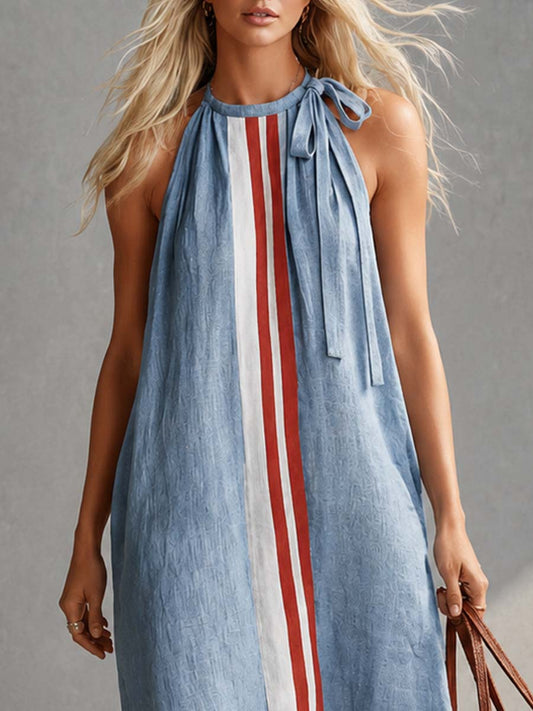 CSS Cotton-Linen Maxi Dress Round Neck Tie Front Light Blue