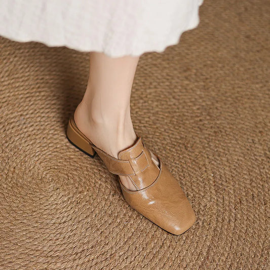 Amelier Women's Leather Mules Square Toe Block Heel Apricot