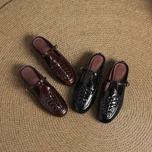 Amelier Women's Genuine Leather Woven Mules Slip-On Brown