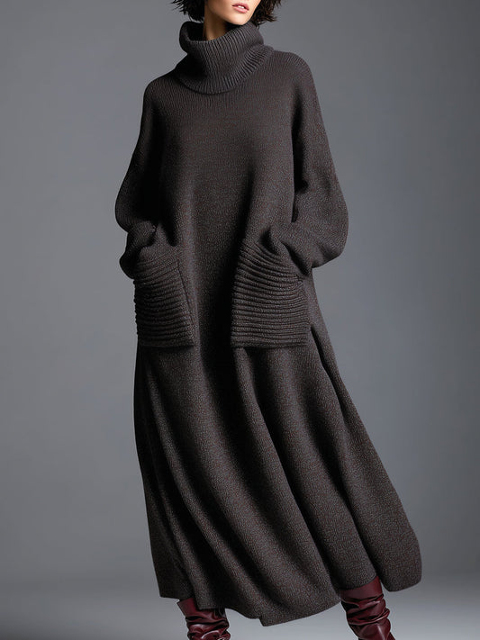 Loose Neckline Knitted Maxi Dress Long Sleeve Brown
