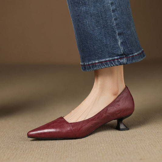Amelier Women's Leather Pumps Pointed Toe Kitten Heel