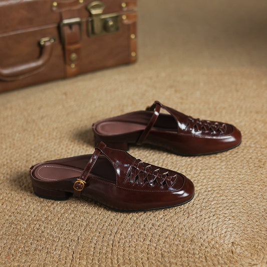 Amelier Women's Genuine Leather Woven Mules Slip-On Brown