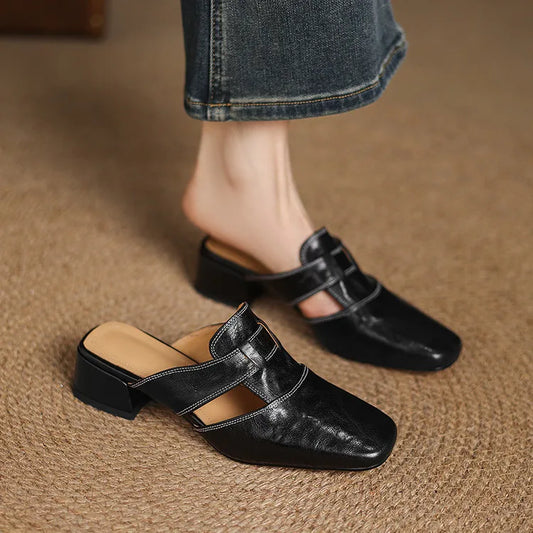 Amelier Women's Leather Mules Square Toe Block Heel Apricot