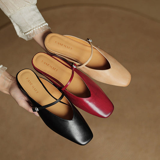 Amelier Women's Leather Mary Jane Mules Square Toe Apricot
