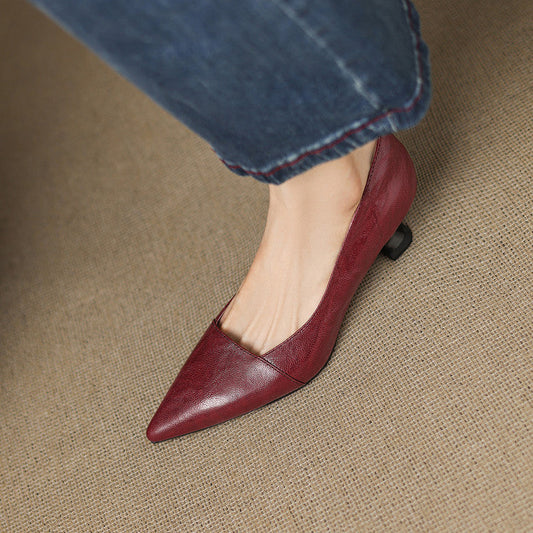 Amelier Women's Leather Pumps Pointed Toe Kitten Heel Maroon