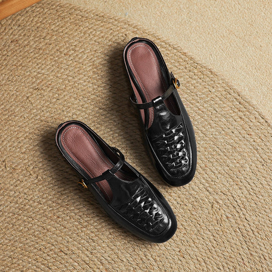 Amelier Women's Genuine Leather Woven Mules Slip-On Brown