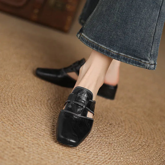 Amelier Women's Leather Mules Square Toe Block Heel Apricot