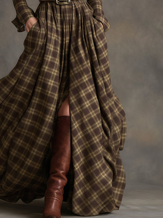 GY Retro Ethnic Lapel Plaid Long Sleeve Maxi Dress