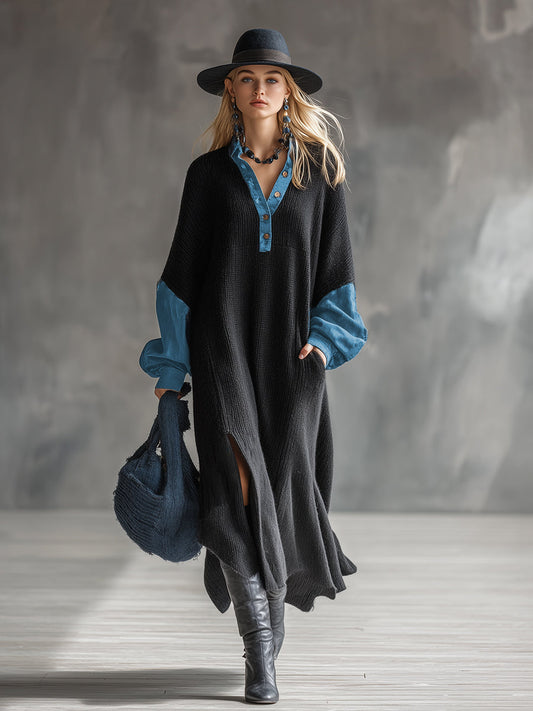 GY Knitted Denim Trim Maxi Dress Casual Black Long Sleeve