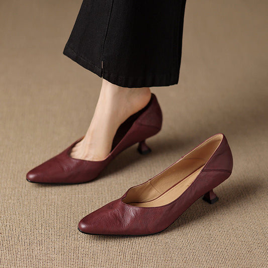 Amelier Women's Leather Pumps Pointed Toe Kitten Heel