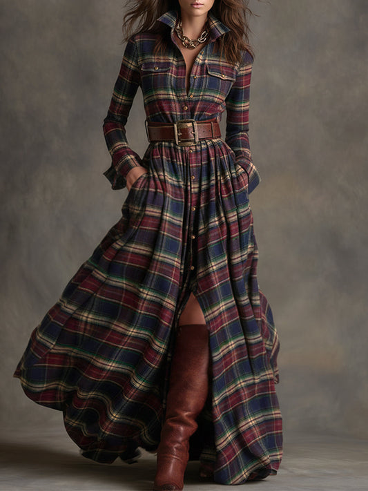 GY Retro Ethnic Lapel Plaid Long Sleeve Maxi Dress