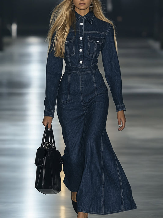 Oyrosy Vintage Lace-up Long Sleeve Denim Maxi Dress Blue